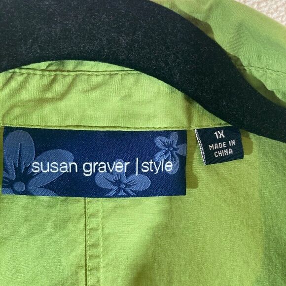 Susan Graver Blouse 1X Green Button Up Pintuck Lace Long Sleeve Collared - Picture 2 of 10